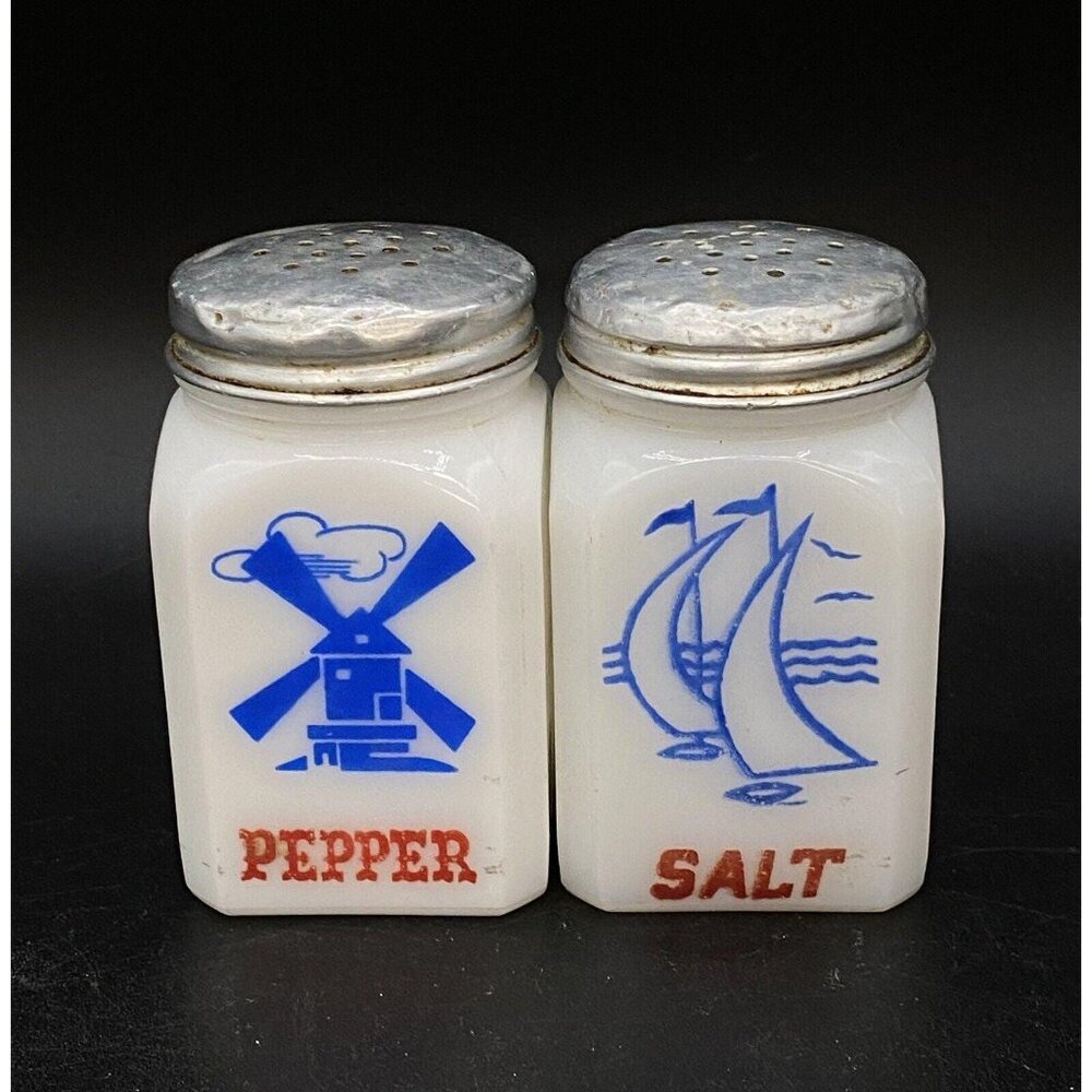 Tipp City Salt and Pepper Shaker Milk Glass Sailboats Dutch Windmill Mixed Set